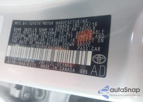 2016 Toyota Corolla Le z USA, uszkodzony, nr VIN 2T1BURHE6GC666278